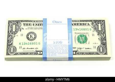 bundle of 1 US Dollar notes isolated on white background Stock Photo