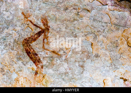 Ancient Aboriginal Gwion Gwion rock paintings also know as Bradshaw rock art featuring a animal figures estimated at 50,000 Stock Photo