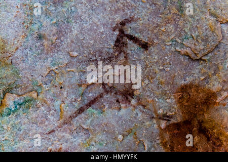 Ancient Aboriginal Gwion Gwion rock paintings also know as Bradshaw rock art featuring a wallaby figures estimated at 50,000 Stock Photo