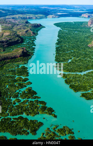 An aerial view of river tidal inlets winding their way through mangrove forests. Stock Photo