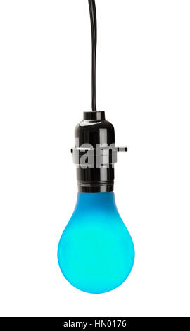 Lit Blue Light Bulb Hanging with Cord Power Switch Isolated on White Background. Stock Photo