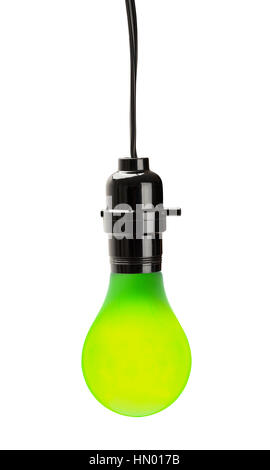 Lit Green Light Bulb Hanging with Cord Power Switch Isolated on White Background. Stock Photo