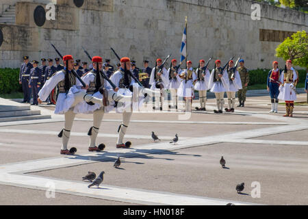 Changing of the guards in front of Parliament, Evzones at the Tomb of the Unknown Soldier on Syntagma Square in Athens, Greece Stock Photo