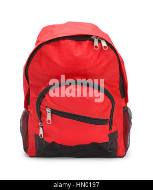 Full Red School Bag Isolated on White Background. Stock Photo