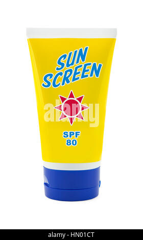 Sun Screen Lotion in Yellow Tube Isolated on White Background. Stock Photo