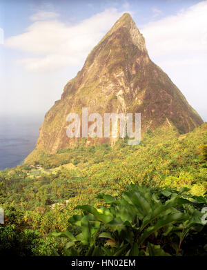 A view of Petit Piton and the Caribbean Sea from Ladera Resort. Ladera is considered on of the best resorts in the Caribbean. Soufriere, St. Lucia. Stock Photo