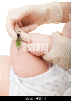 Close-up shot of pediatrician giving a three month baby girl  intramuscular injection in leg. Photo is isolated on white background. Stock Photo