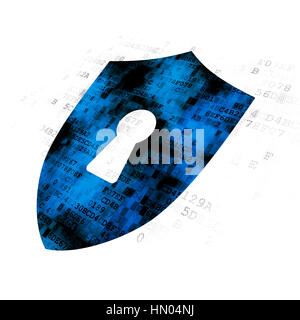 Security concept: Pixelated blue Shield With Keyhole icon on Digital background Stock Photo