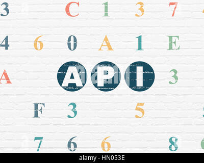 Programming concept: Painted blue text Api on White Brick wall background with Hexadecimal Code Stock Photo