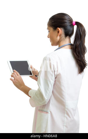 Smiling female doctor with stethoscope and tablet pc computer. Healthcare, medicine and technology concept. Stock Photo