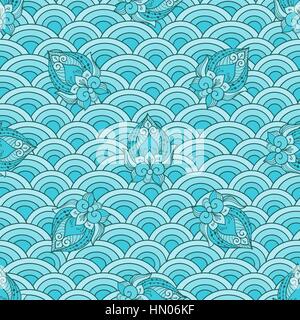 Blue scale, abstract seamless pattern, abstract flowers, vector illustration Stock Vector