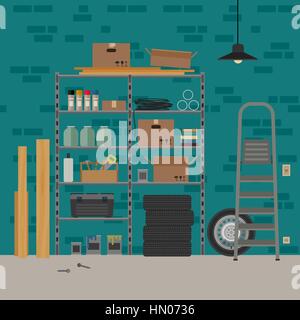 Storeroom interior with brickwall. Stock Vector