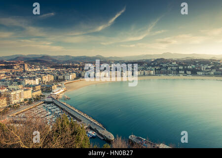 Panoramic vista over San Sebastian city and beach in Basque Country, Spain. Stock Photo