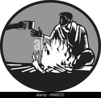 Illustration of camper with a sleeping bag wrapped around his shoulders, holding on tight, sitting in front of a fire, accepting a tin cup of hot coff Stock Vector