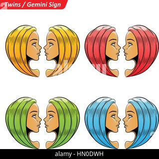 Vector Illustration of Colorful Gemini Astrological Zodiac Star Signs Sketch Stock Vector