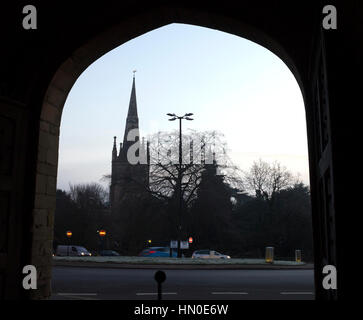 St. Nicholas Church from the castle gates at dawn, Warwick, Warwickshire, UK Stock Photo