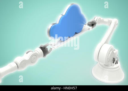 Metallic robotic hands holding cloud against white background against green background Stock Photo