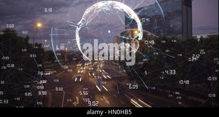 Image of earth with different times against cars moving on road in city at night Stock Photo