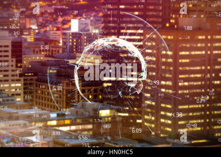 Image of earth with different times against illuminated buildings in city Stock Photo