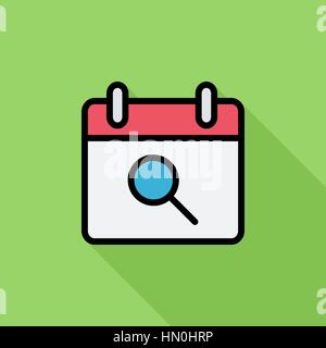 Calendar with search icon. Flat vector related icon with long shadow for web and mobile applications. It can be used as - logo, pictogram, icon, infog Stock Vector
