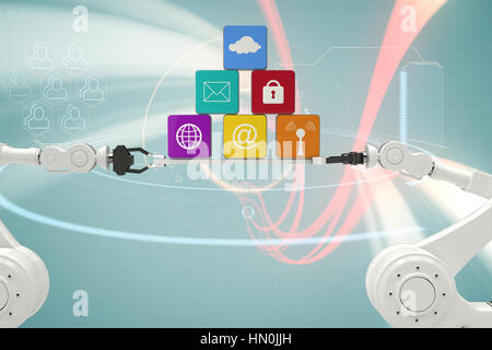 Robotic hands holding multi colored computer icons over white background against red and white light waves Stock Photo
