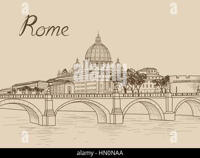 Rome cityscape with St. Peter's Basilica. Italian city famous landmark cathedral skyline. Travel Italy engraving. Rome architectural city background w Stock Vector