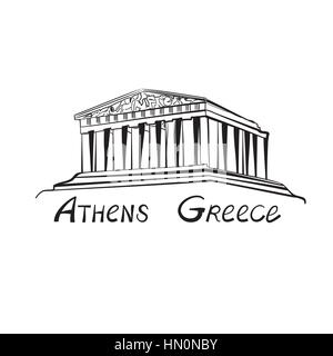 Travel Greece sign. Athens famous landmark building with hand drawn lettering Athens, Greece. Stock Vector