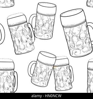 Beer seamless pattern. Ornamental background with beer mug. Beer glass sketch. Octoberfest beer fest pattern Stock Vector