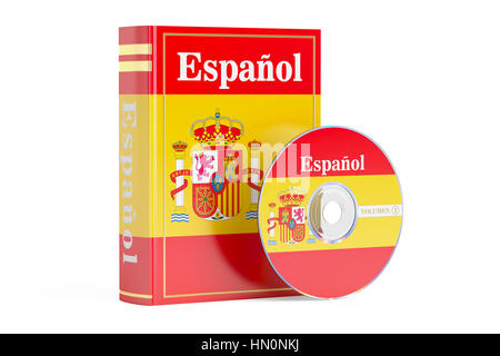 Spanish book with flag of Spain and CD disk, 3D rendering isolated on white background Stock Photo