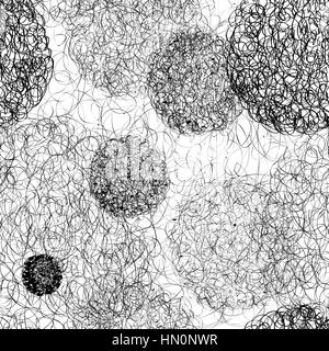 Circle scribbles seamless pattern. Chaotic line grunge monochrome drawing texture set Stock Vector