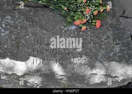 The memorial bench for Rebecca Nurse, one victim of the Salem Witch Trials, Salem Witch Trials Memorial, Salem, Massachusetts, United States. Stock Photo