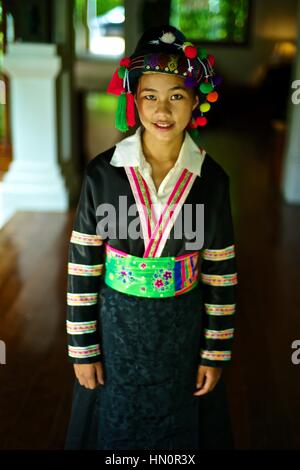 Teen girl wearing a Hmong Lai Traditional Dress. Girl: Zao Yang Stock Photo