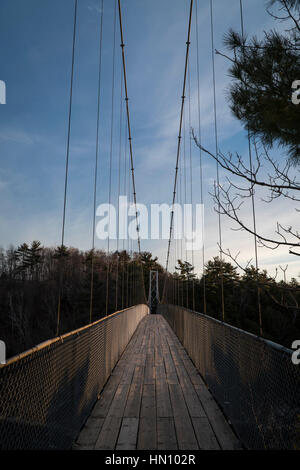 A pedestrian suspension bridge at the Parc des Chutes-de-la-Chaudiere (Chaudiere Waterfall Park). Stock Photo