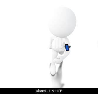 3d illustration. White person running with a mobile phone. Sport and technology concept. Isolated white background Stock Photo