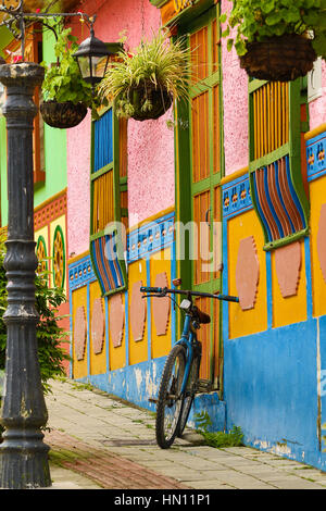colonial architecture with colorfully painted houses and cobble stone streets Stock Photo