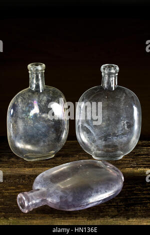Pumpkin Seed Whisky Flasks Dated from the Mid 1880s to Around 1910 - Old West Bottles found at Austin, Nevada USA Stock Photo