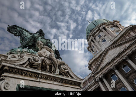 Dome of the Hungarian National Gallery with equestrian statue of Prince Savoyai Eugen,at the Castell hill ,Royal Palace,Budapest,Hungary,Europe. Stock Photo
