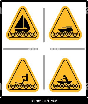 Beware water skiing, sailing, rowing, motorised craft area signs set. Warning signs in yellow triangle isolated on white. Vector illustration. Summer  Stock Vector