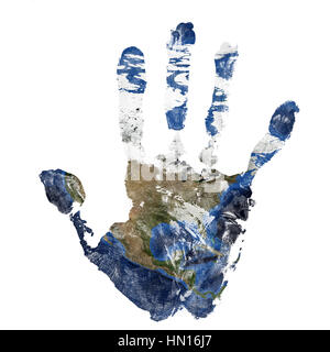 Real hand print combined with a map of Noth America - of our blue planet Earth isolated on white background. Elements of this image furnished by NASA Stock Photo