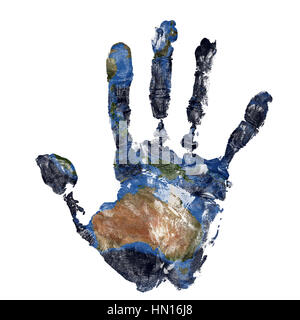 Real hand print combined with a map of Australia of our blue planet Earth - isolated on white background. Elements of this image furnished by NASA Stock Photo