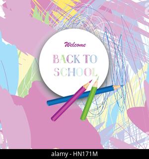 Back to school banner. Kids ar lab painted background with colorful pencils and blob with copyspace Stock Vector