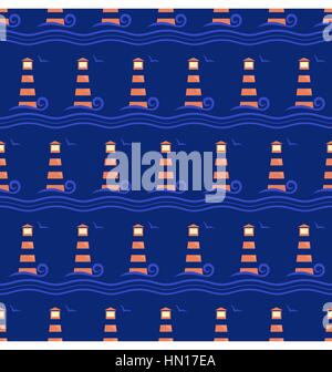 Seamless sea pattern. Lighthouse with light blue wave on blue Stock Vector