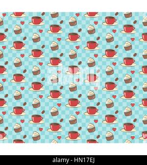 Seamless sweet pattern. Cupcake with cup of coffee and heart on Stock Vector