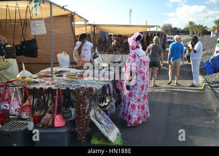 Small stalls on tourist destination, Caleta de Fuste, Fuerteventura, Canary islands. Stock Photo