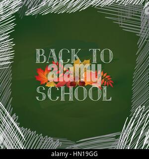 Back to school. Banner with autumn leaves over green chalkboard background. Vector. Stock Vector