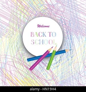 Welcome back to school poster design. Hand drawn Back to School text over colored pencils frame. Preschool kid lab bakcground Stock Vector