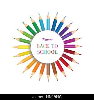 Welcome back to school poster design. Hand drawn Back to School text over colored pencils frame. Preschool kid lab bakcground Stock Vector