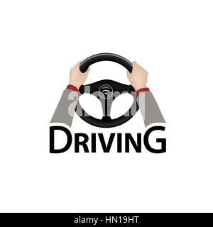 Drive a car sign. Diver design element with hands holding steering wheel. Vector icon. Stock Vector