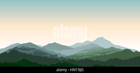 Landscape with mountains. Nature background. Hills of coniferous wood in dark green vector illustration Stock Vector