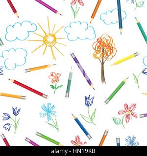 Kid art work pattern. Colorful pencils drawing  pattern. Seamless texture with multicolored pencils. Abstract sketched background Stock Vector